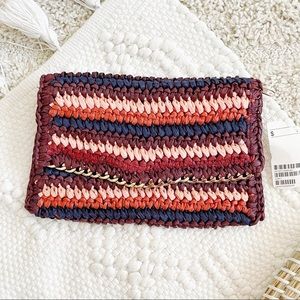 H&M Burgundy Blue Peach Orange Red Stripe Straw Woven Chain Hem Clutch Purse